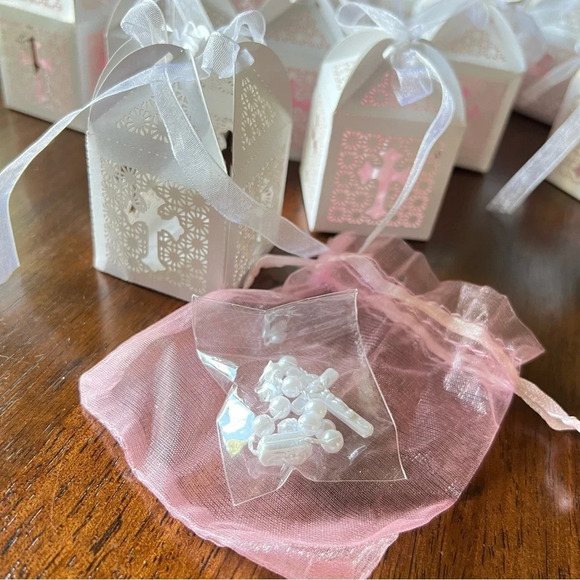 Baptism Favor Boxes Set w/ rosary inside Baby Shower Christening Small Gift Bags - Picture 10 of 10